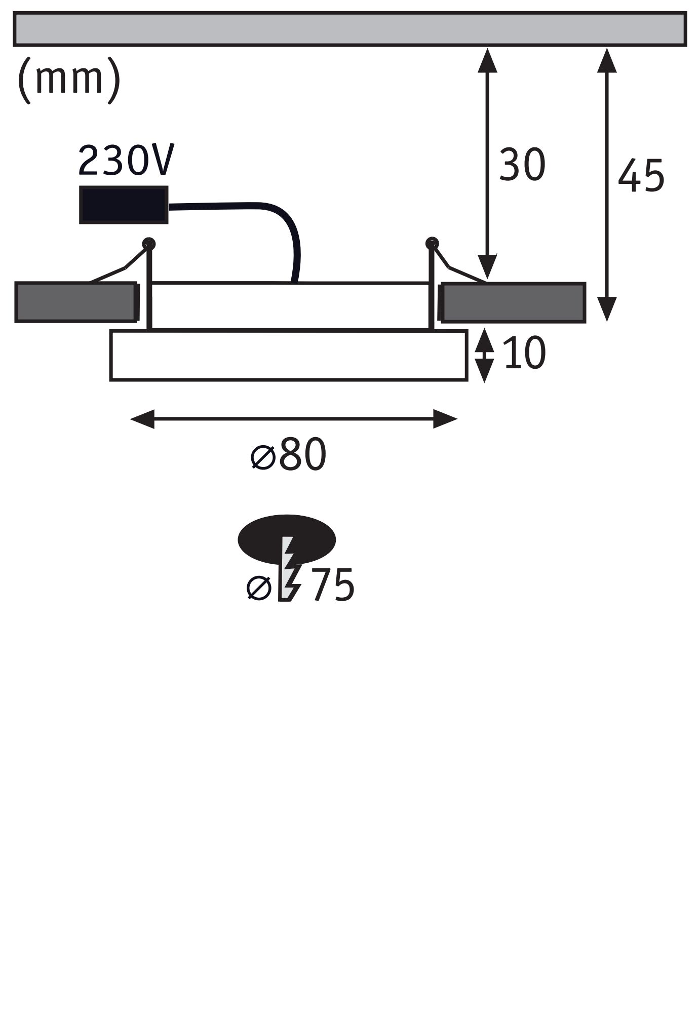 Technische tekening van inbouwlamp met 80 mm diameter en 230V aansluiting, afmetingen in mm.