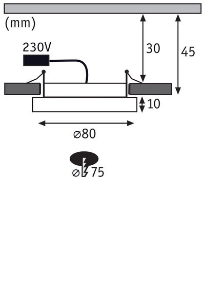 Technische tekening van inbouwlamp met 80 mm diameter en 230V aansluiting, afmetingen in mm.