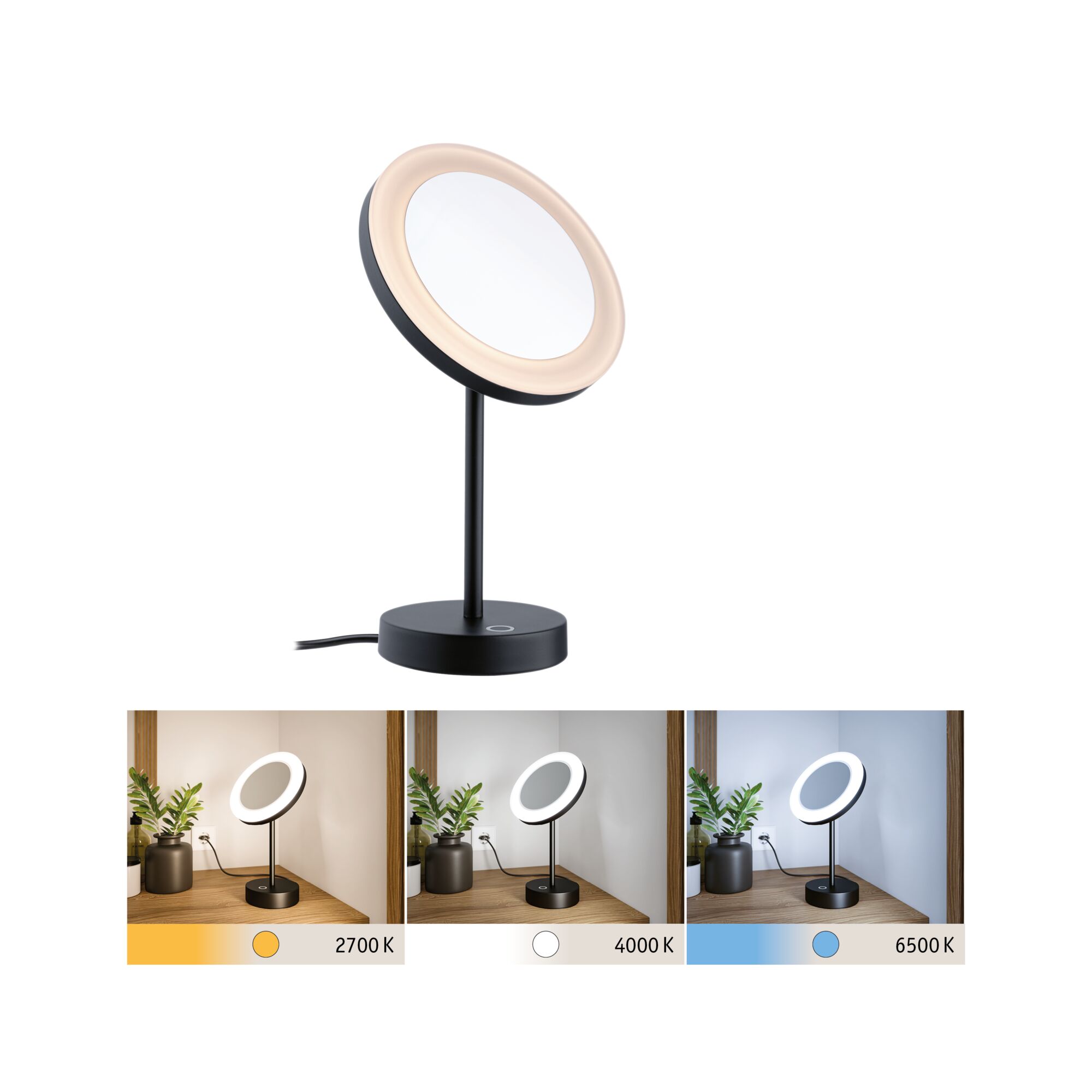 Black LED table mirror with adjustable lighting in 2700K, 4000K, and 6500K for versatile light settings