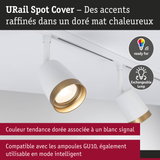 URail Spot Cover blanc avec accent doré mat chaud, compatible ampoules GU10 et mode éclairage intelligent