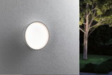 Runde weiße LED-Außenwandleuchte an grauer Wand mit weichem Licht für Gartenbeleuchtung