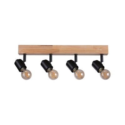Four-light ceiling fixture with wooden base and black metal spotlights for modern interiors