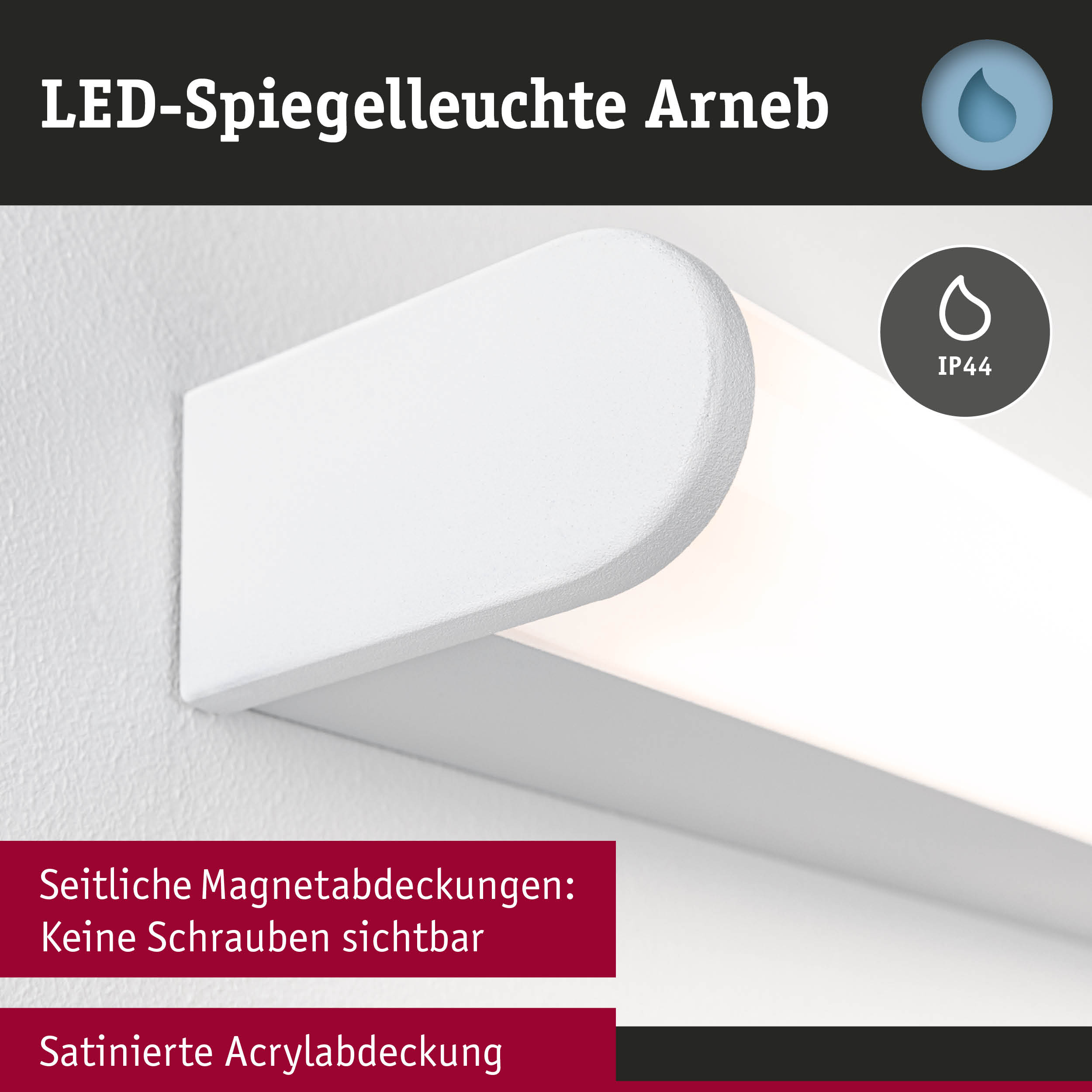 Weiße LED-Spiegelleuchte Arneb mit satinierter Acrylabdeckung und IP44 Schutz für Badezimmer