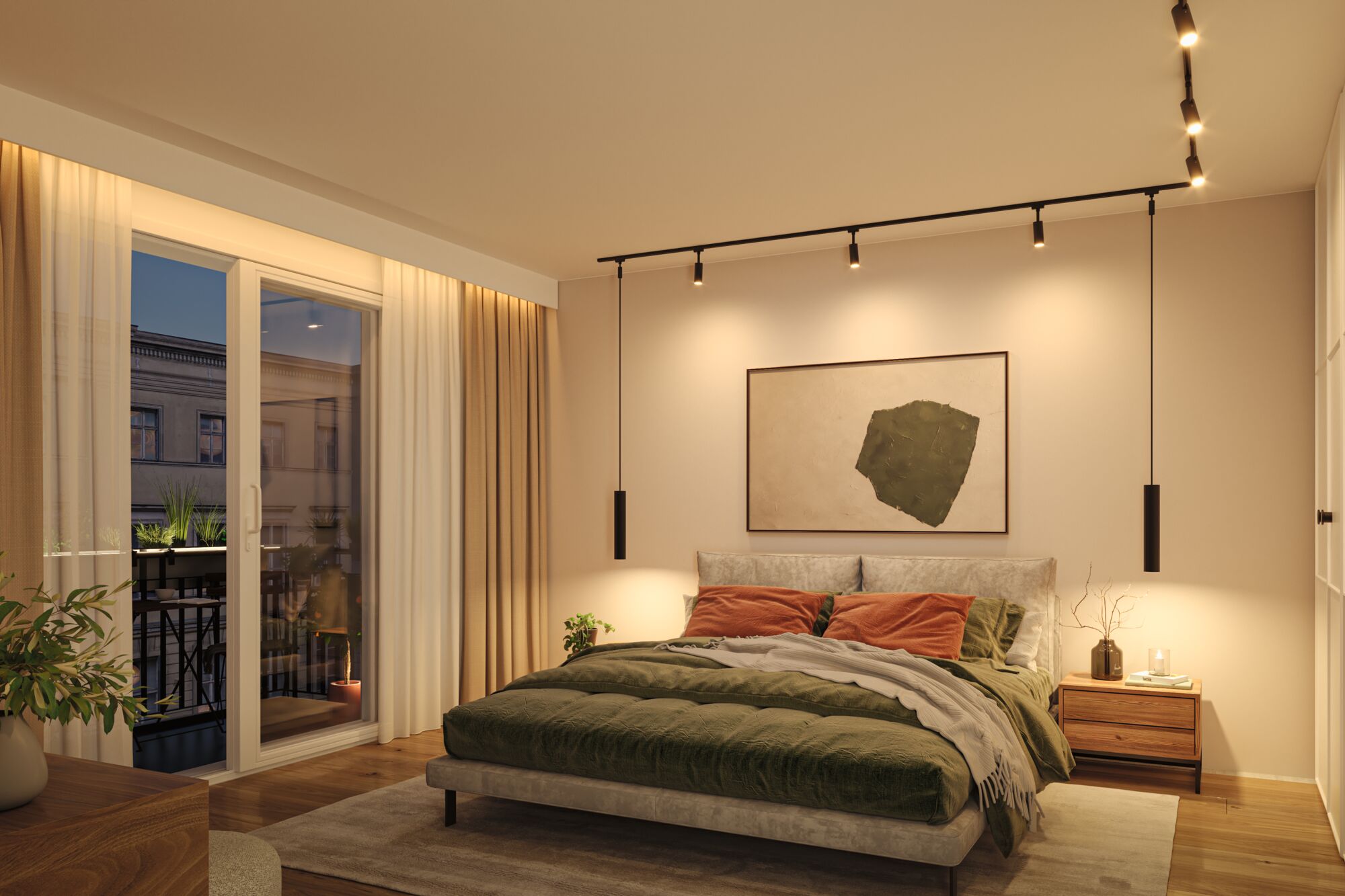 Chambre avec éclairage sur rail LED URail Tubo Catalejo noir et lumière blanche chaude pour ambiance moderne