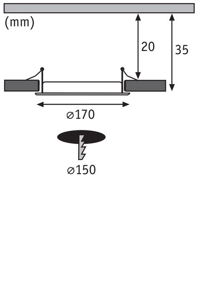 Technical drawing of recessed spotlight with 170 mm diameter and 35 mm installation depth