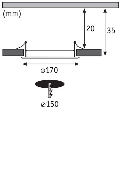 Schéma technique d'un spot encastré de 170 mm de diamètre et 35 mm de profondeur d'installation