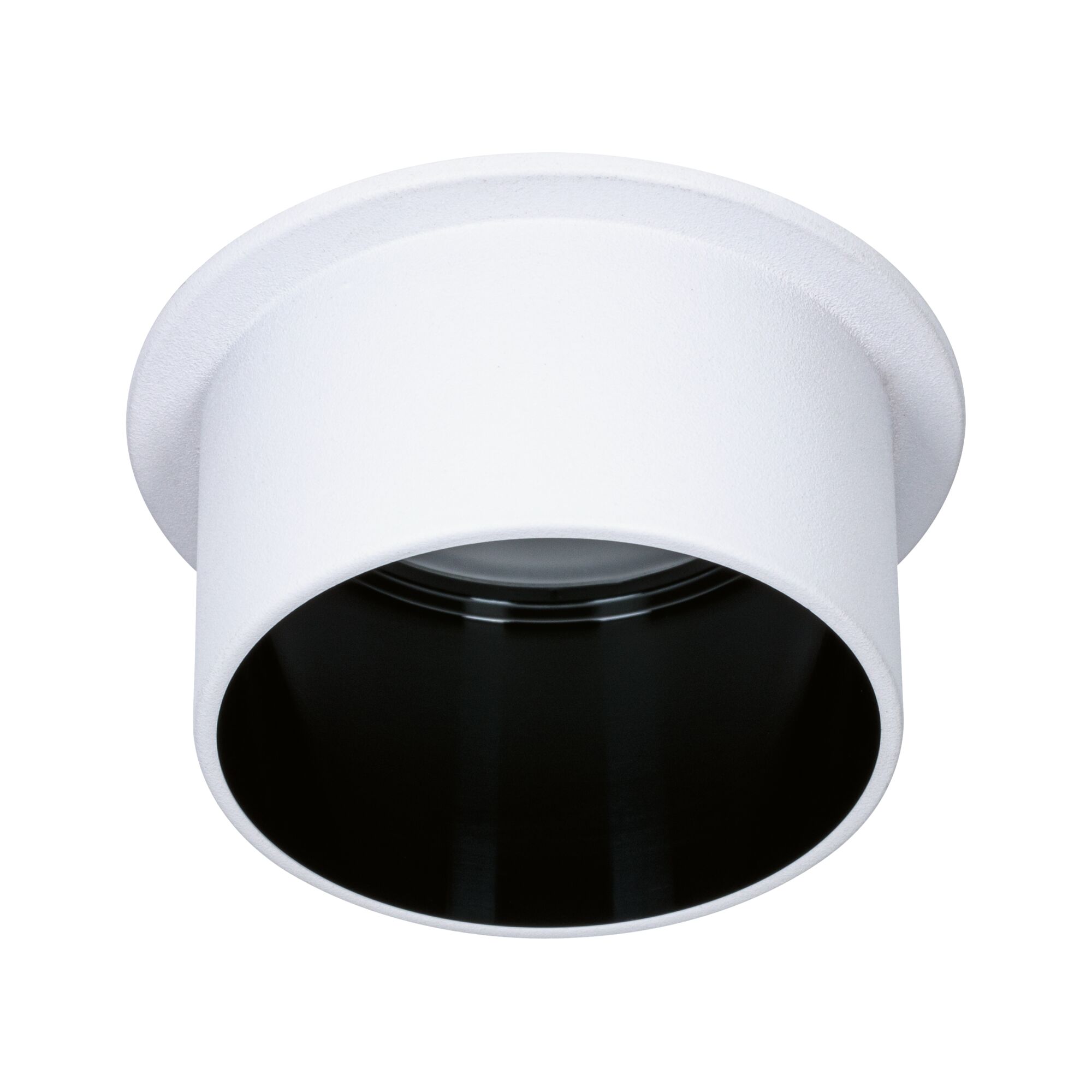 Weißer Einbaustrahler aus Metall mit schwarzem Innenring für moderne LED-Deckenbeleuchtung