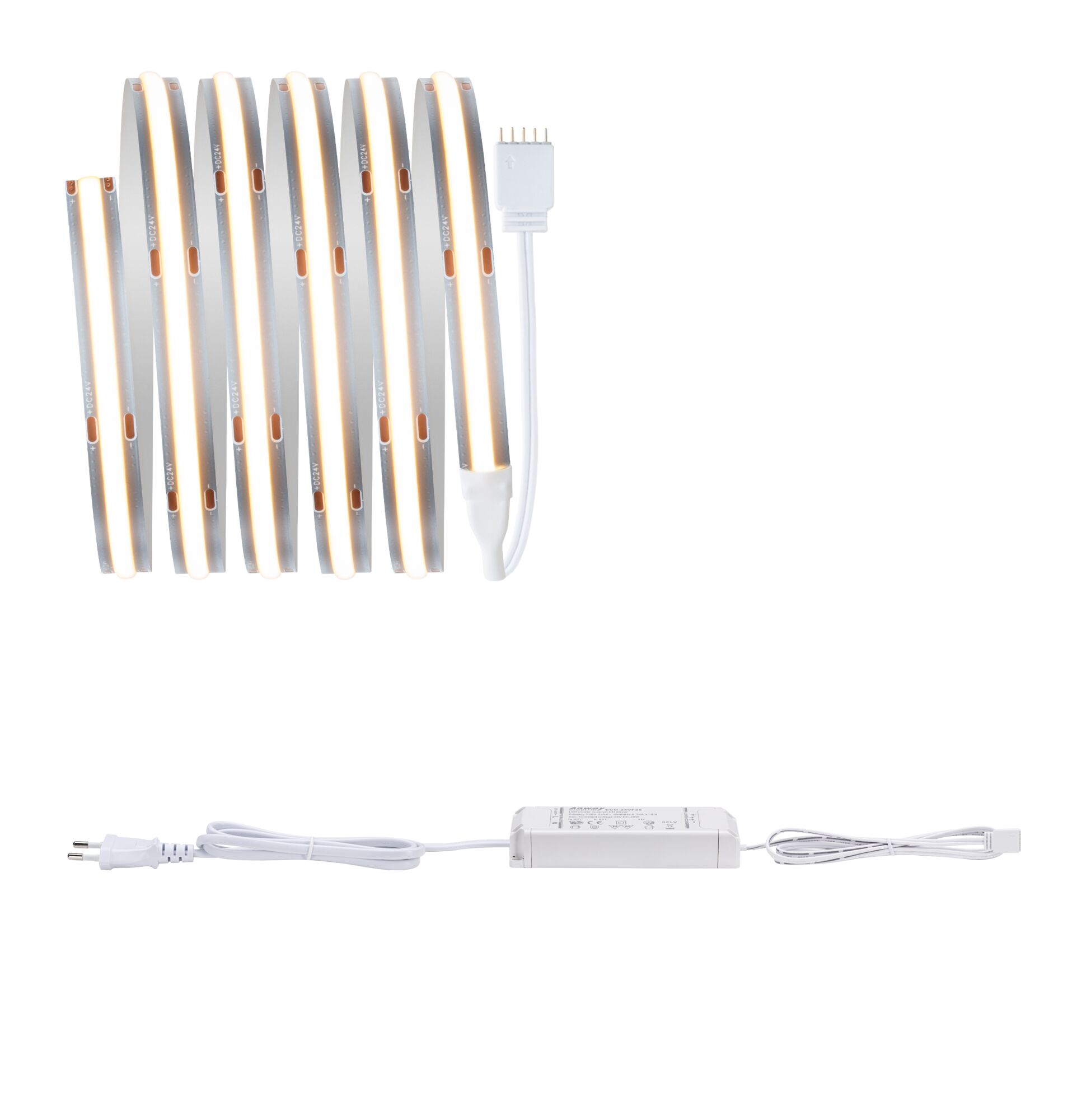 MaxLED 500 LED-lysbånd Basissæt COB 1,5m 2700K 10W 500lm/m 2700K 25VA Fleksibel LED-lysstribe i varm hvid med hvid strømforsyning og stik til indendørs belysning