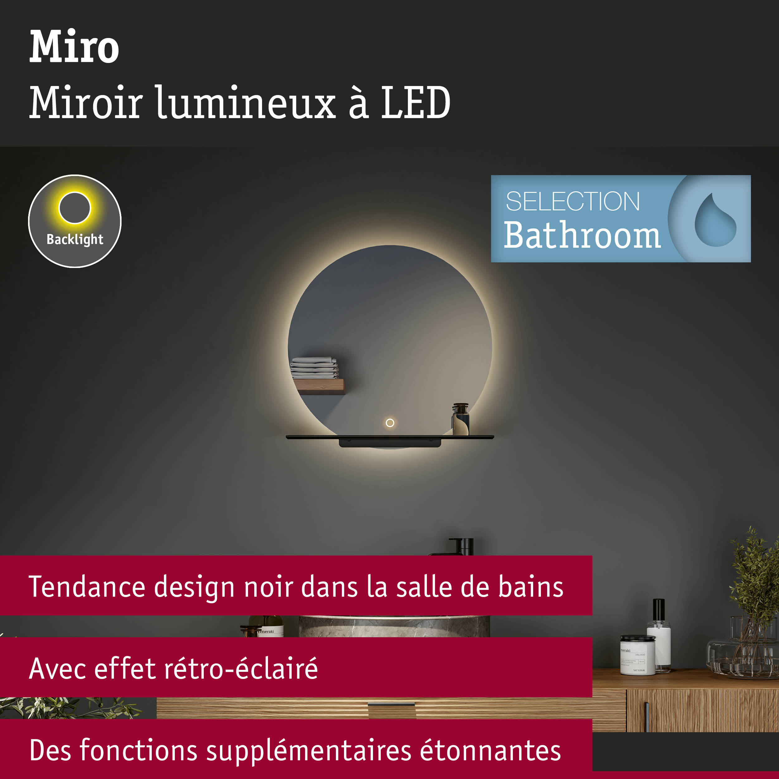 Miro miroir rond LED pour salle de bains avec cadre noir et rétroéclairage, design moderne et élégant