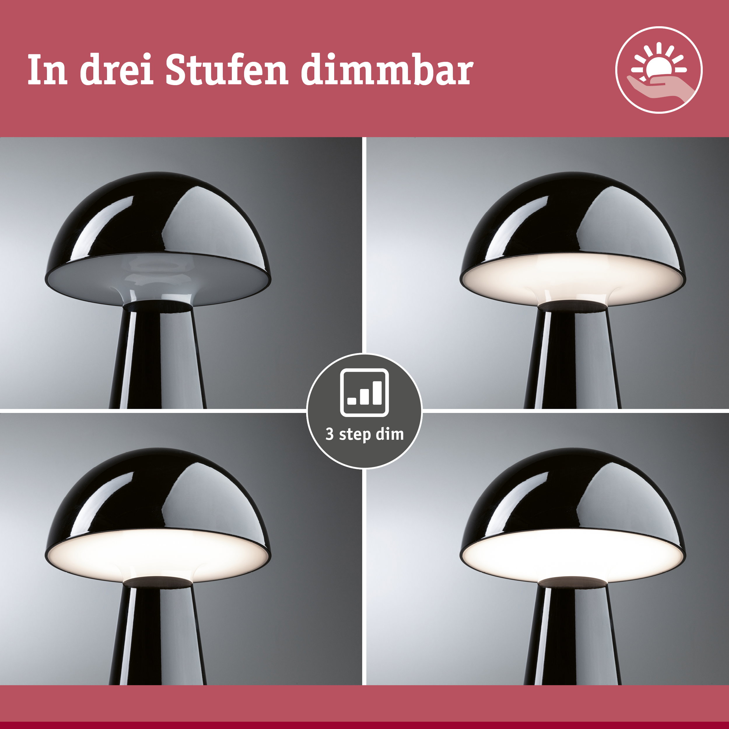 Schwarze Tischlampe aus Metall mit dimmbarer LED-Beleuchtung in drei Stufen für Wohnräume