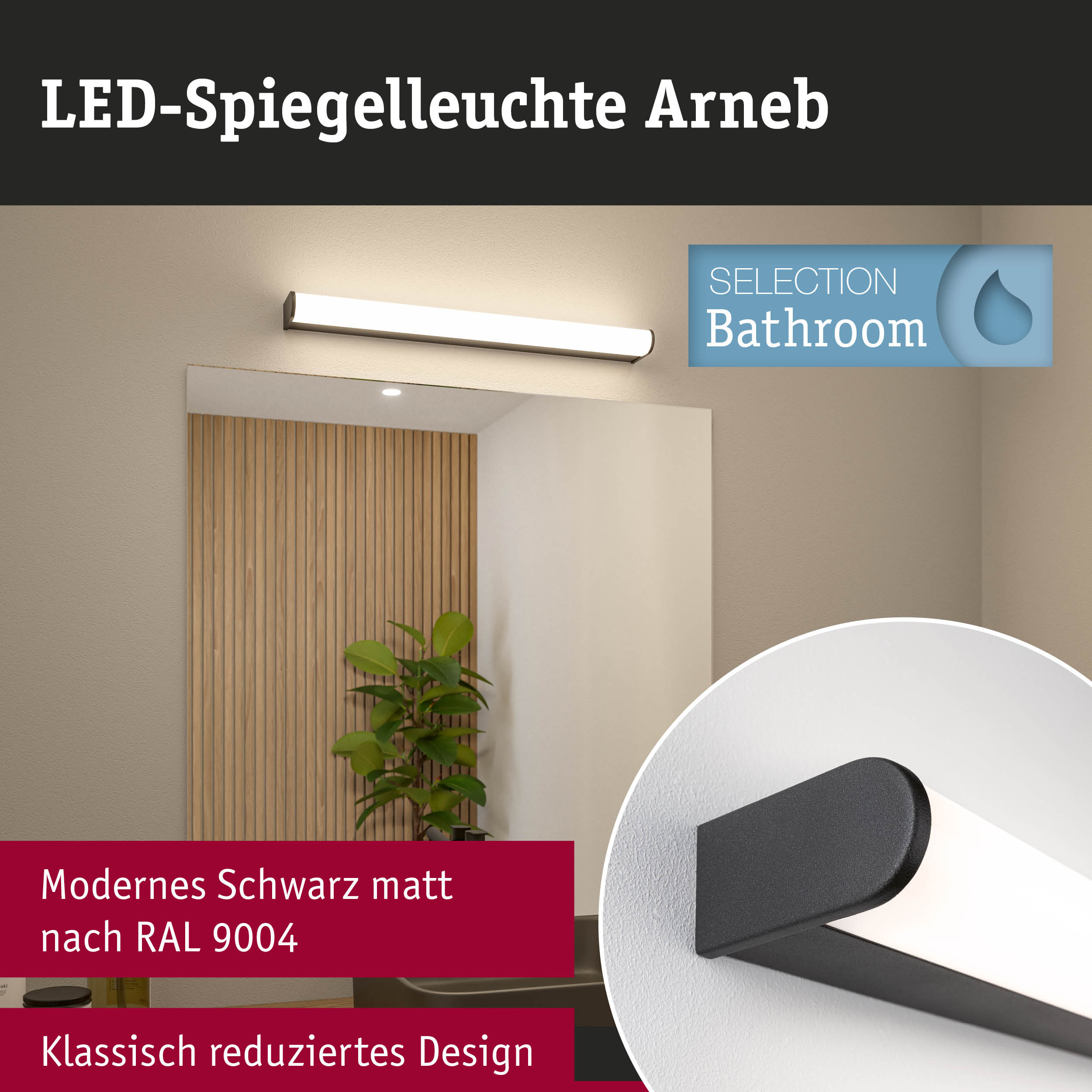 LED-Spiegelleuchte Arneb in mattem Schwarz RAL 9004 mit klassisch reduziertem Design für Badezimmer
