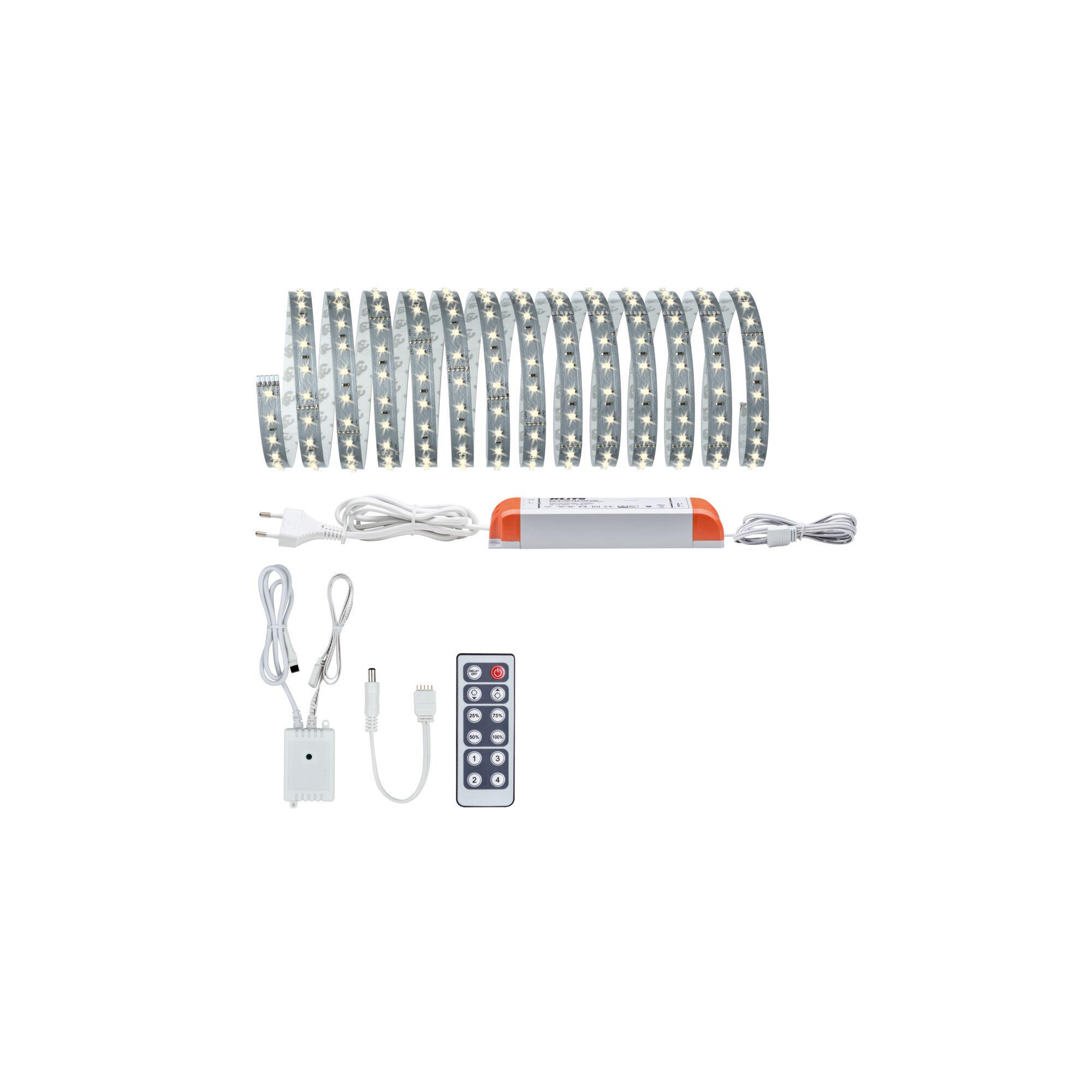 White LED strip light with remote control and power supply for versatile lighting setups