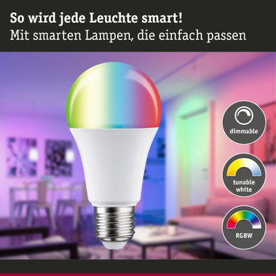 Bunte smarte LED-Lampe mit E27-Fassung, dimmbar und einstellbar für RGBW-Farben im Wohnzimmer