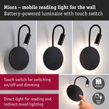 Mobile black metal LED reading light with touch switch for dimmable wall lighting