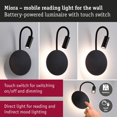 Mobile black metal LED reading light with touch switch for dimmable wall lighting