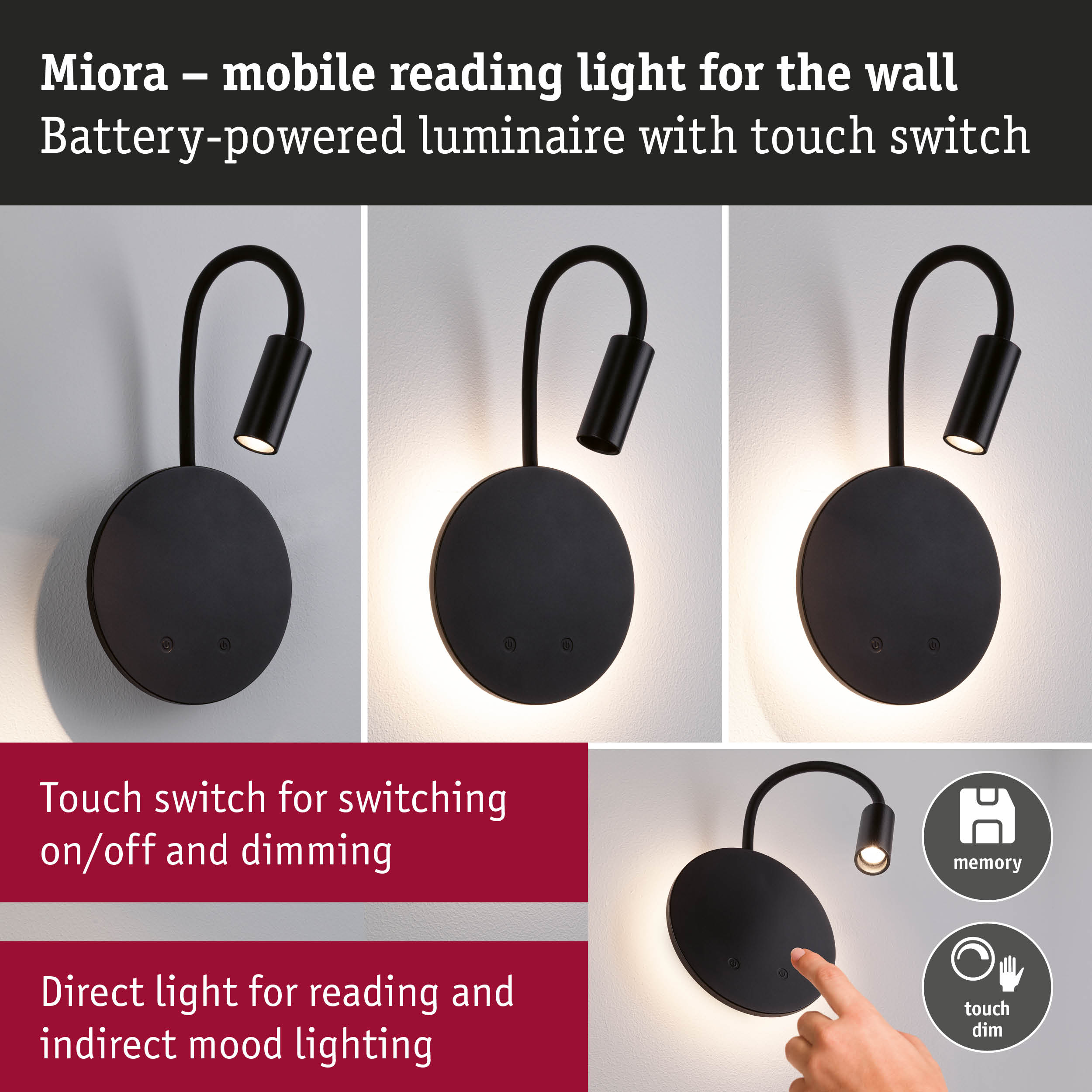 Mobile black LED wall light Miora with touch switch and dimmable reading and mood lighting