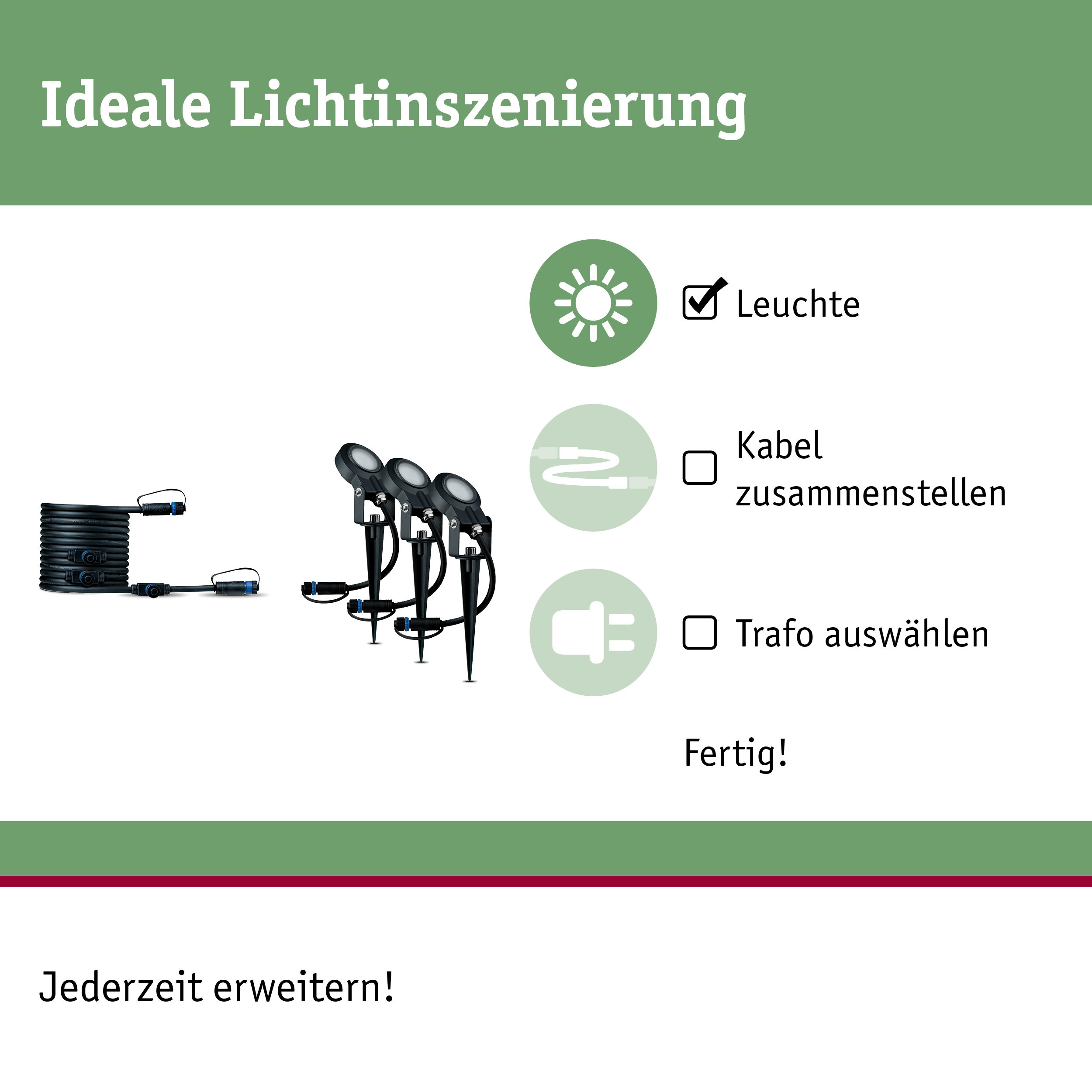 Outdoor LED-Spots mit Erdspießen und Kabel für flexible Gartenbeleuchtung ohne Trafo.