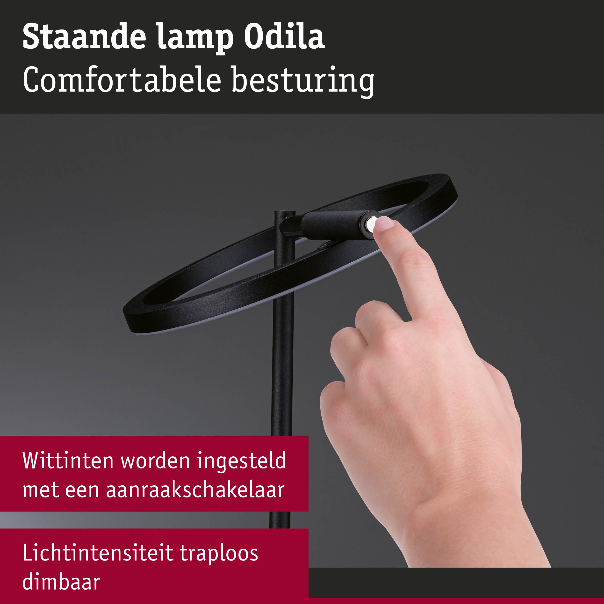 Zwarte staande lamp Odila met aanraakschakelaar en traploos dimbare lichtintensiteit