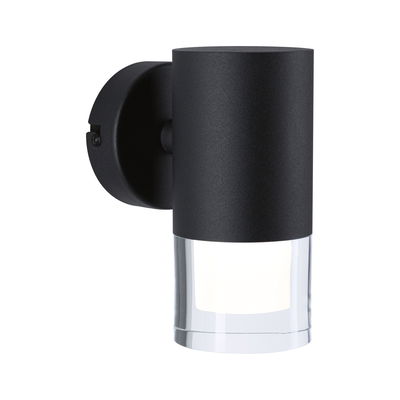 Black metal wall light with clear glass bottom, modern LED outdoor lighting fixture.