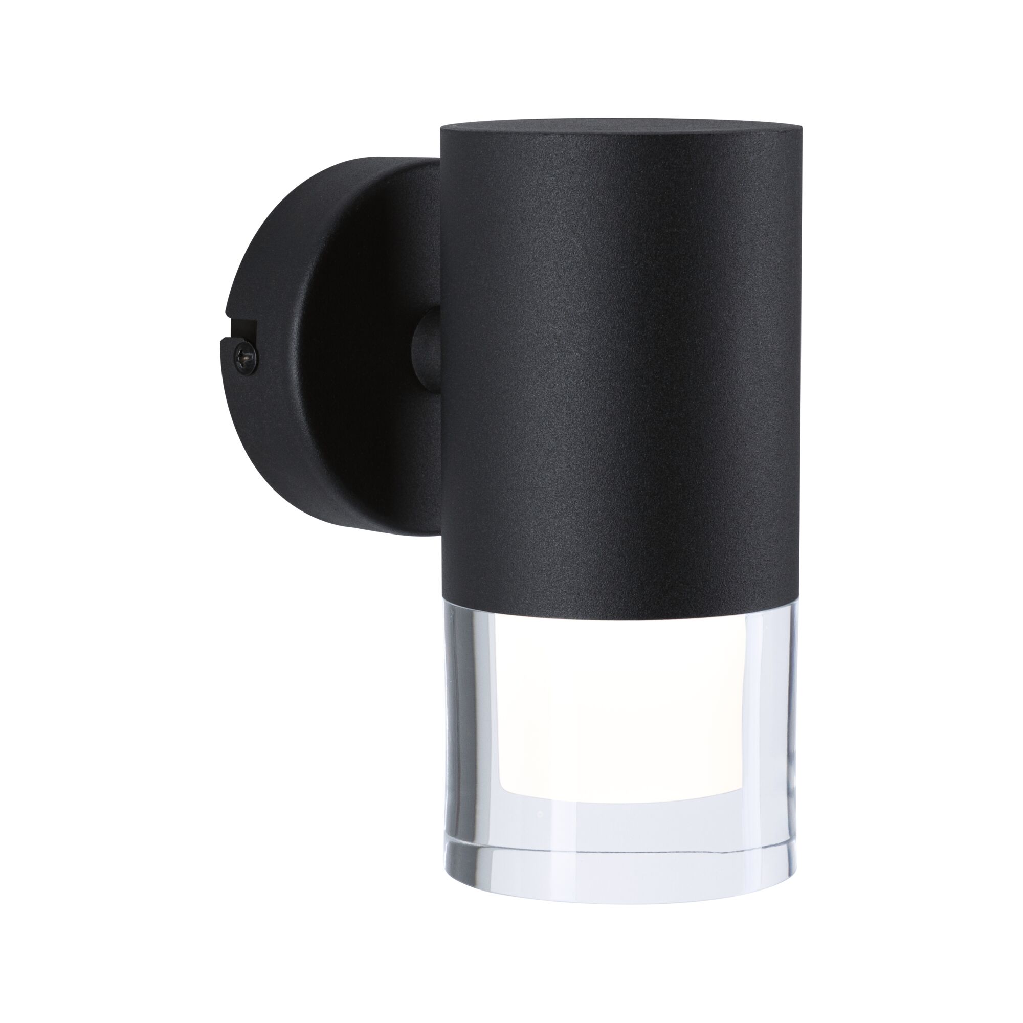 Black metal wall light with clear glass bottom, modern LED outdoor lighting fixture.