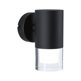 Black metal wall light with clear glass bottom, modern LED outdoor lighting fixture.