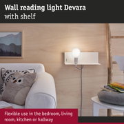 White metal wall reading light Devara with shelf, suitable for bedroom and living room lighting