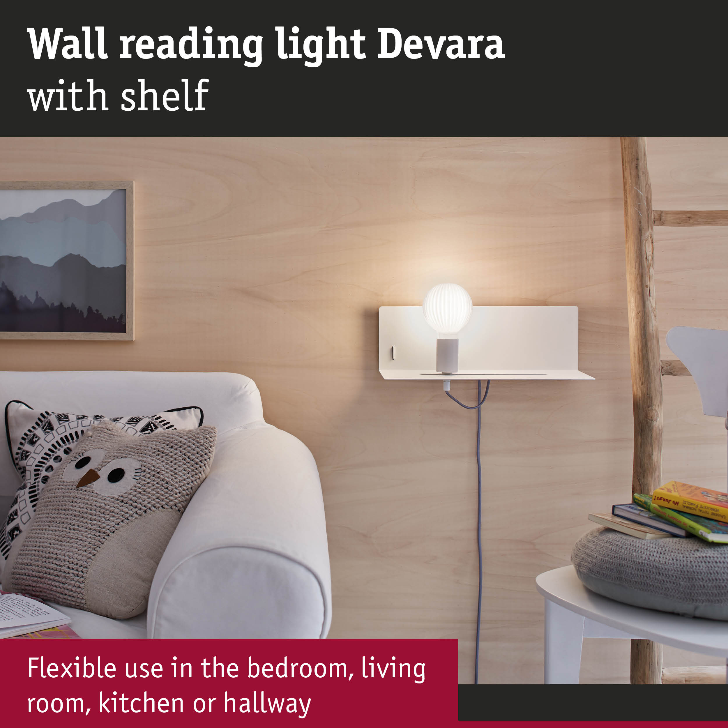 White metal wall reading light Devara with shelf, suitable for bedroom and living room lighting