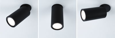 Drei schwarze LED-Deckenstrahler aus Metall in verschiedenen Positionen für moderne Raumbeleuchtung