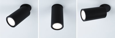 Trois spots LED de plafond noirs en métal présentés sous différents angles pour un éclairage moderne