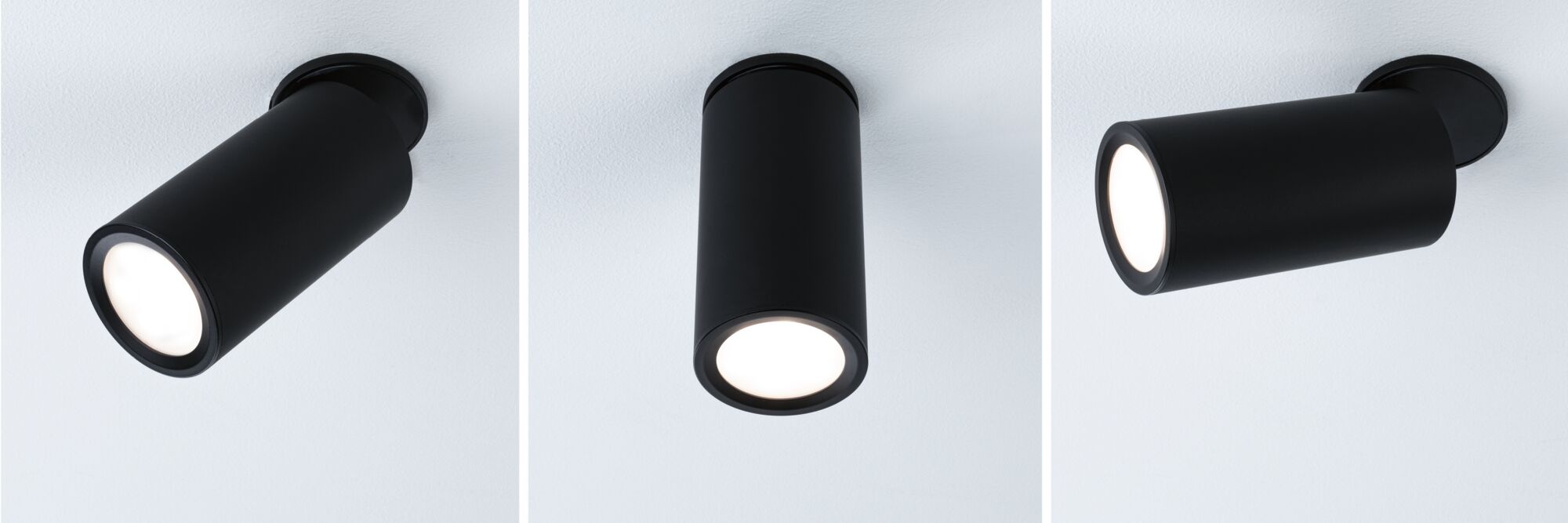 Drei schwarze LED-Deckenstrahler aus Metall in verschiedenen Positionen für moderne Raumbeleuchtung