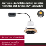 Inbouwspot met houten ring en directe 230V aansluiting, warmwit LED-licht 2700K, 45 mm inbouwdiepte