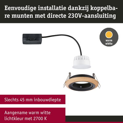 Inbouwspot met houten ring en directe 230V aansluiting, warmwit LED-licht 2700K, 45 mm inbouwdiepte