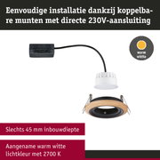Zwarte kabelverbinder met witte LED-inbouwspot en houten ring voor warm wit licht