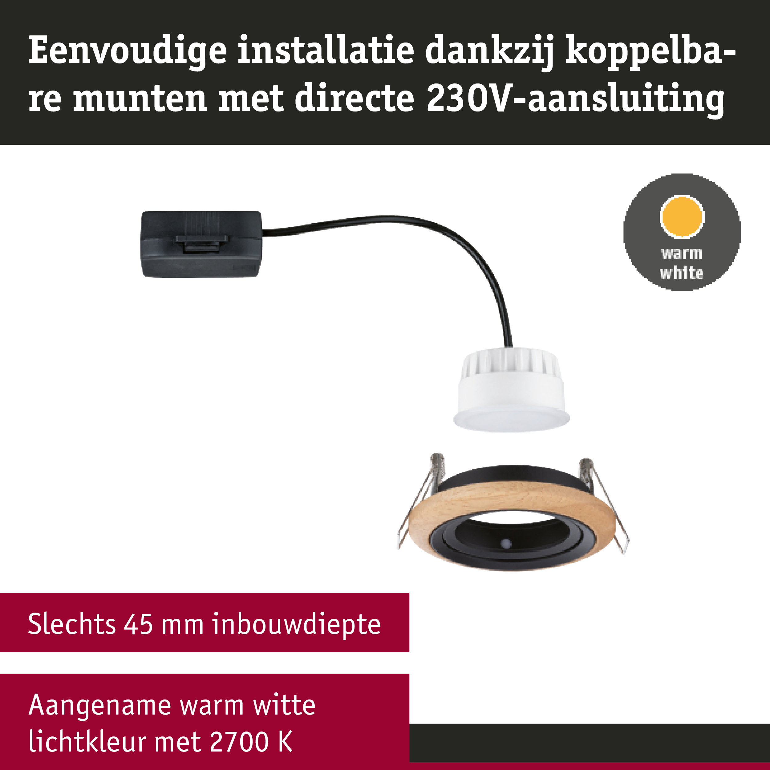 Zwarte kabelverbinder met witte LED-inbouwspot en houten ring voor warm wit licht