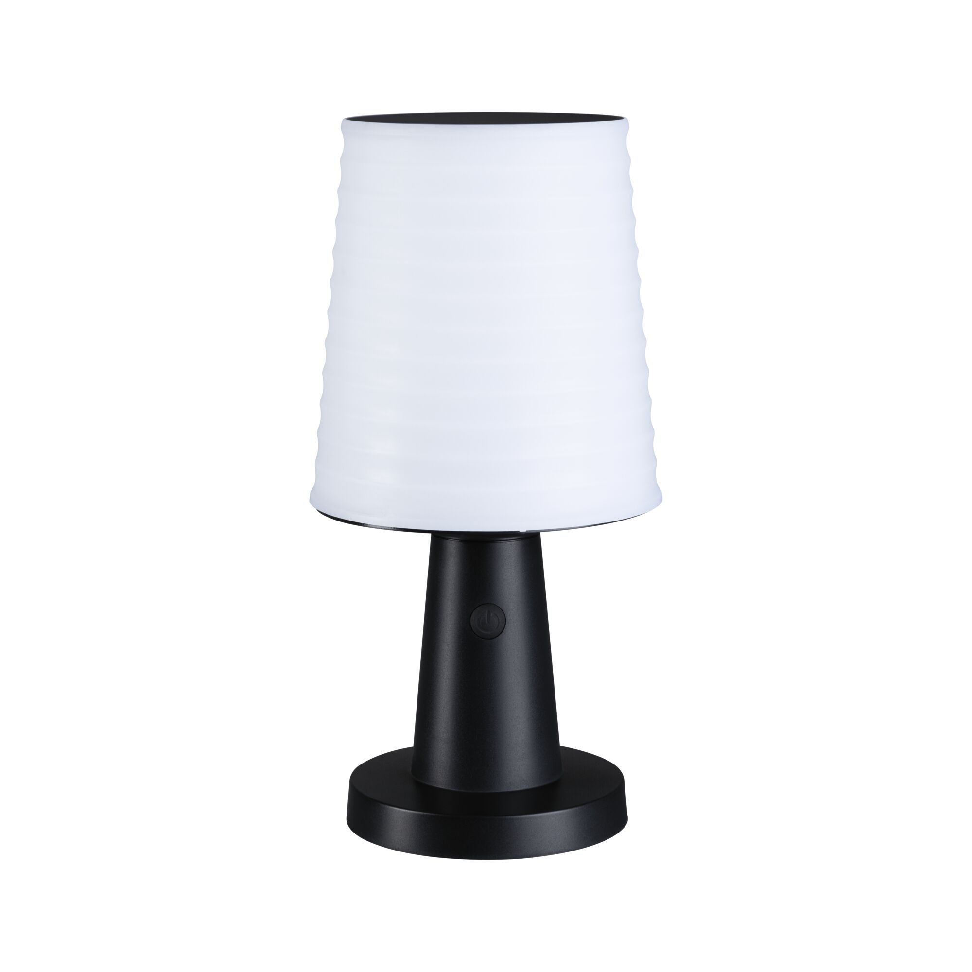 Modern table lamp with black metal base and white plastic lampshade for living spaces