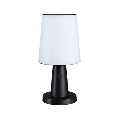 Modern table lamp with black metal base and white plastic lampshade for living spaces
