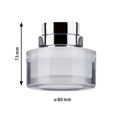 Round ceiling light adapter in clear and chrome material with 80 mm diameter.