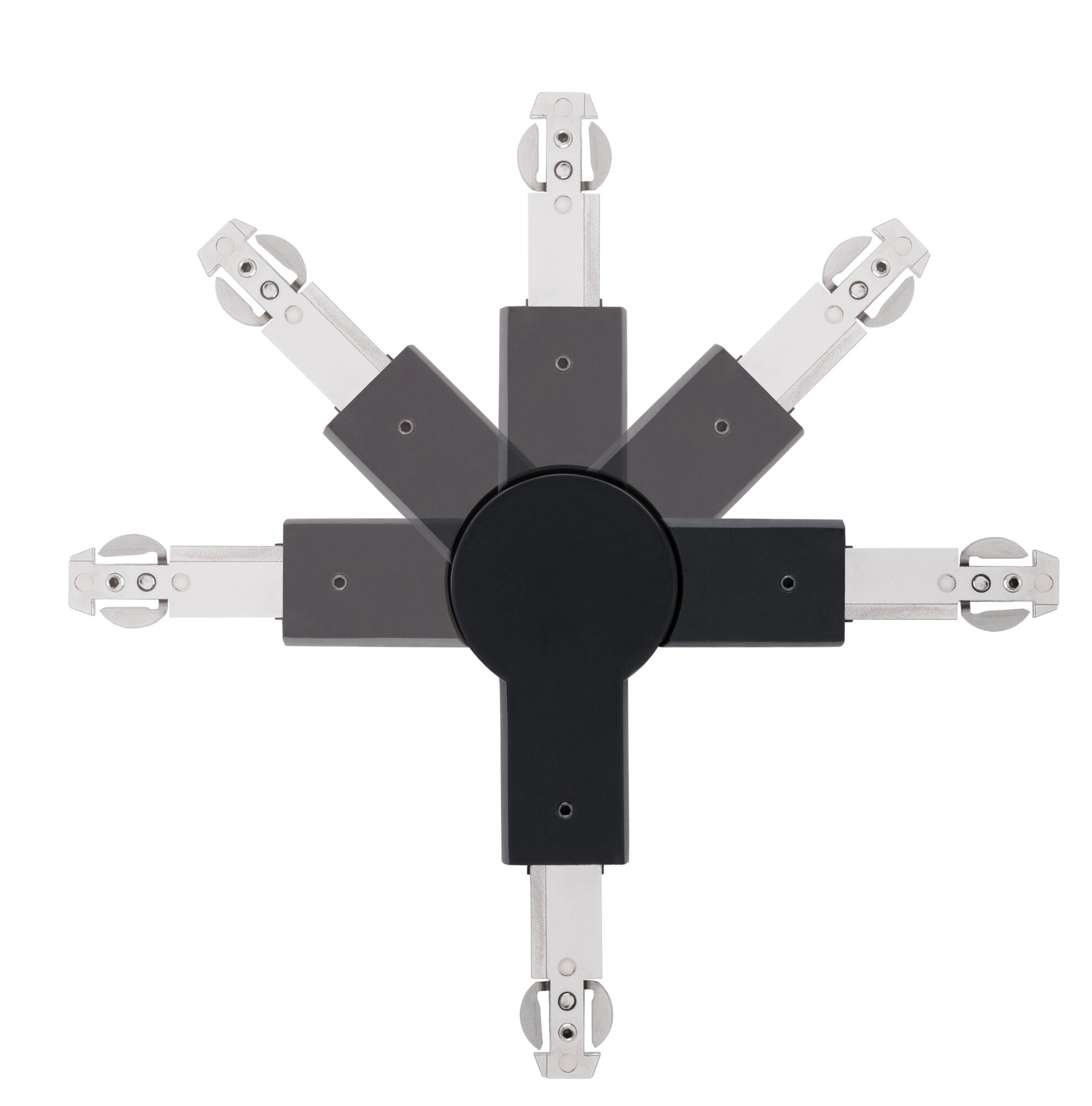 Schwarzes Metall-Gelenk mit verstellbaren Armen für flexible Beleuchtungssysteme und Lampenmontage.