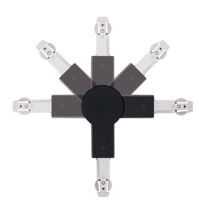 Black metal joint with adjustable arms for flexible lighting systems and lamp installation.