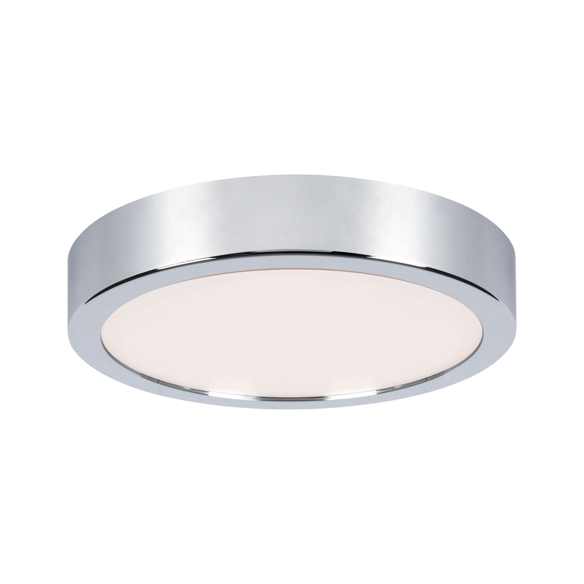 Round chrome ceiling light with white diffuser for modern LED room lighting