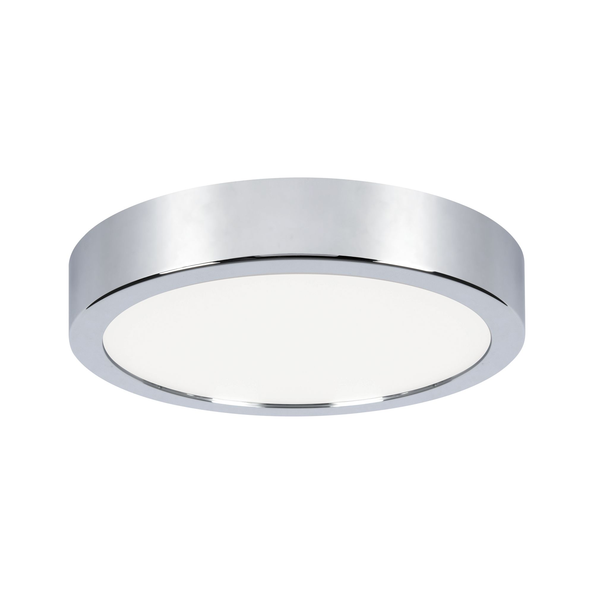 Runde Deckenleuchte aus Chrom mit weißem Diffusor für modernes LED-Wohnraumlicht