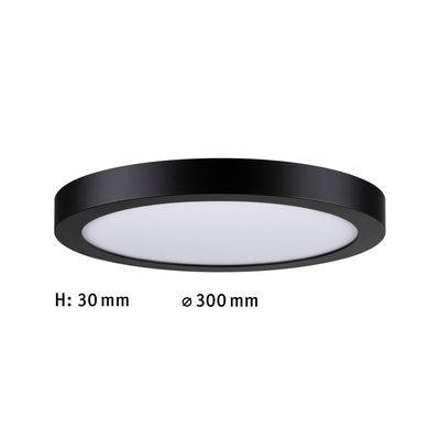 Plafonnier LED rond et plat avec cadre en aluminium noir et diffuseur blanc, diamètre 300 mm