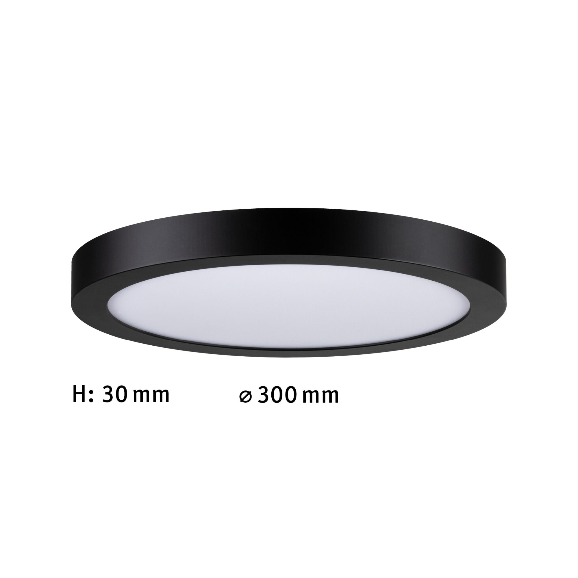 Platte ronde LED-plafondlamp met zwarte aluminiumrand en witte diffuser, diameter 300 mm
