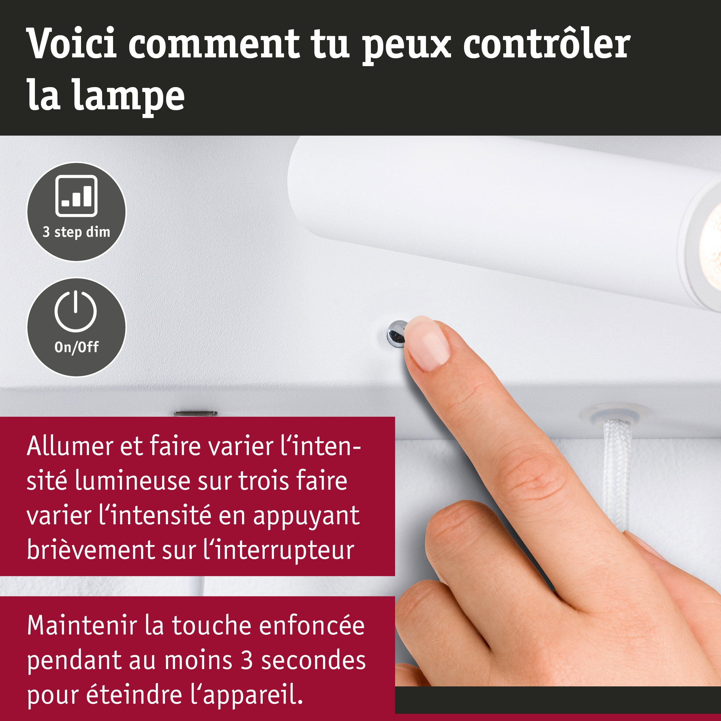 Doigt appuyant sur interrupteur blanc de lampe avec fonction de variation en 3 étapes