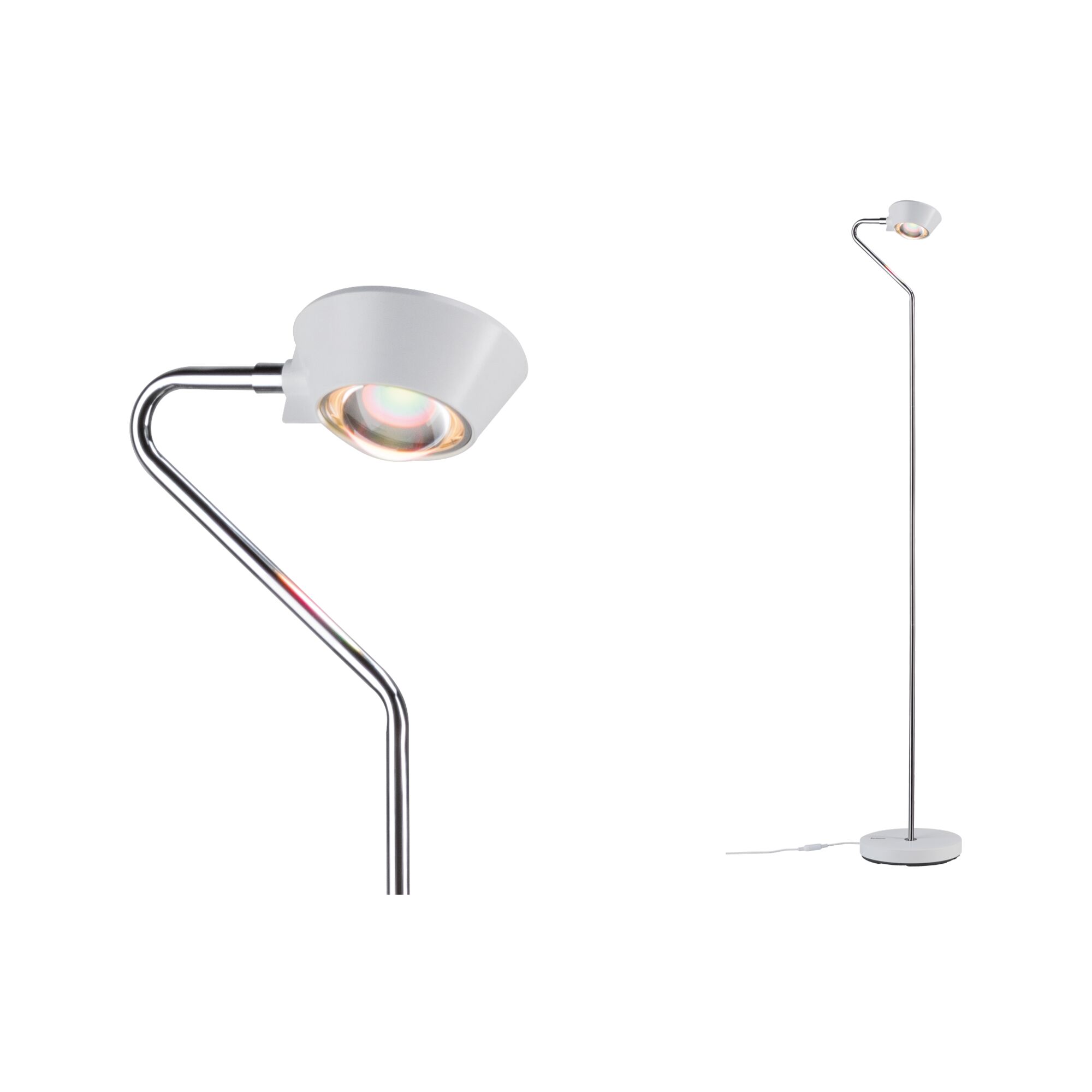 Moderne vloerlamp met witte kap en chromen metalen frame voor stijlvolle woonkamerverlichting