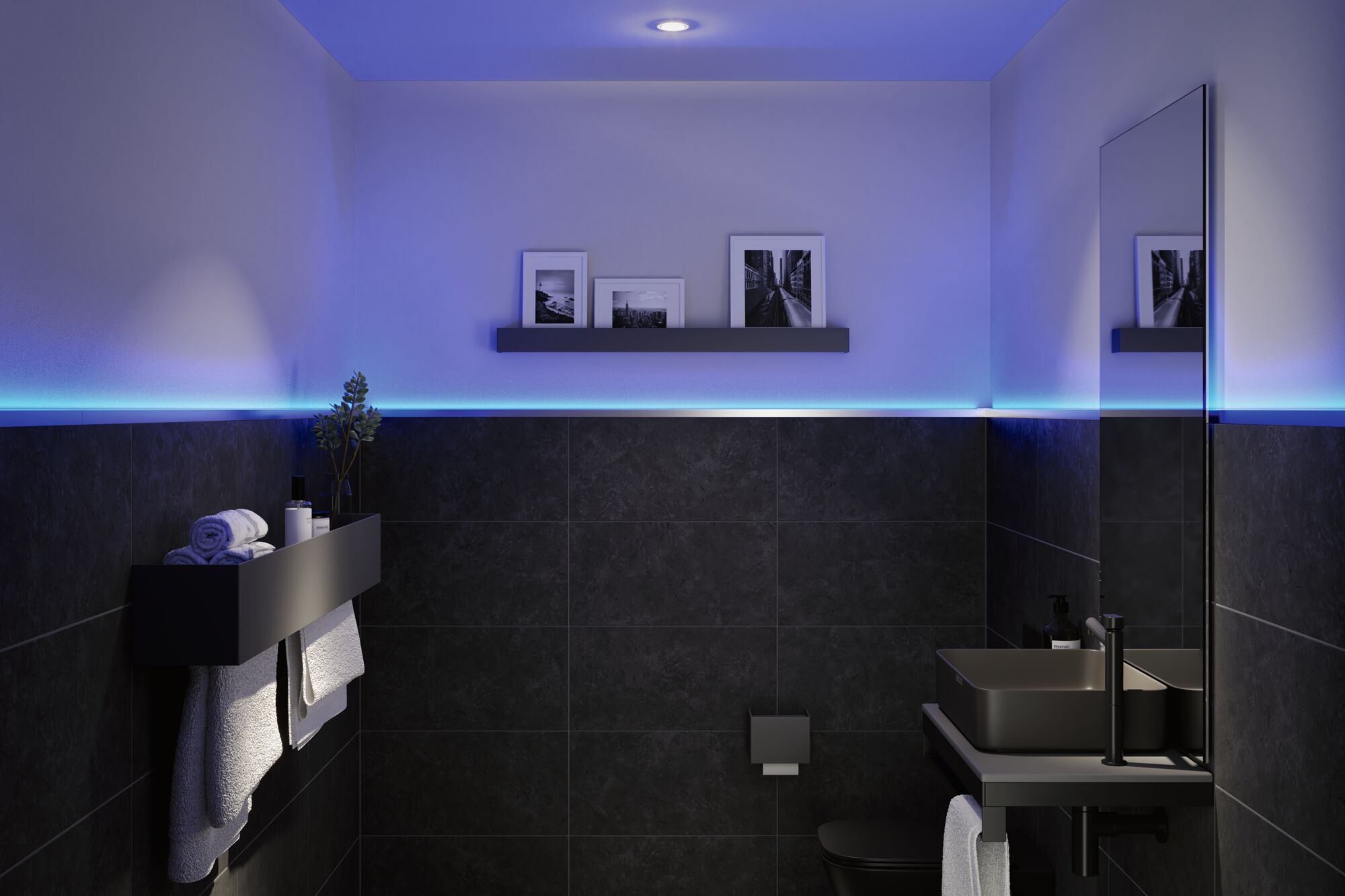Modern bathroom with black ceramic and blue LED strip lighting along the wall