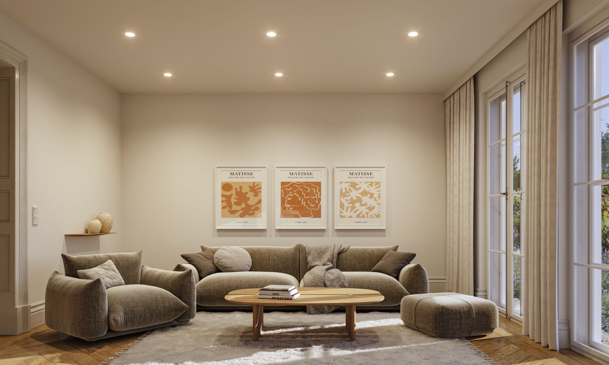 Salon moderne avec canapé en tissu beige, fauteuil, pouf et table basse en bois sur tapis clair.