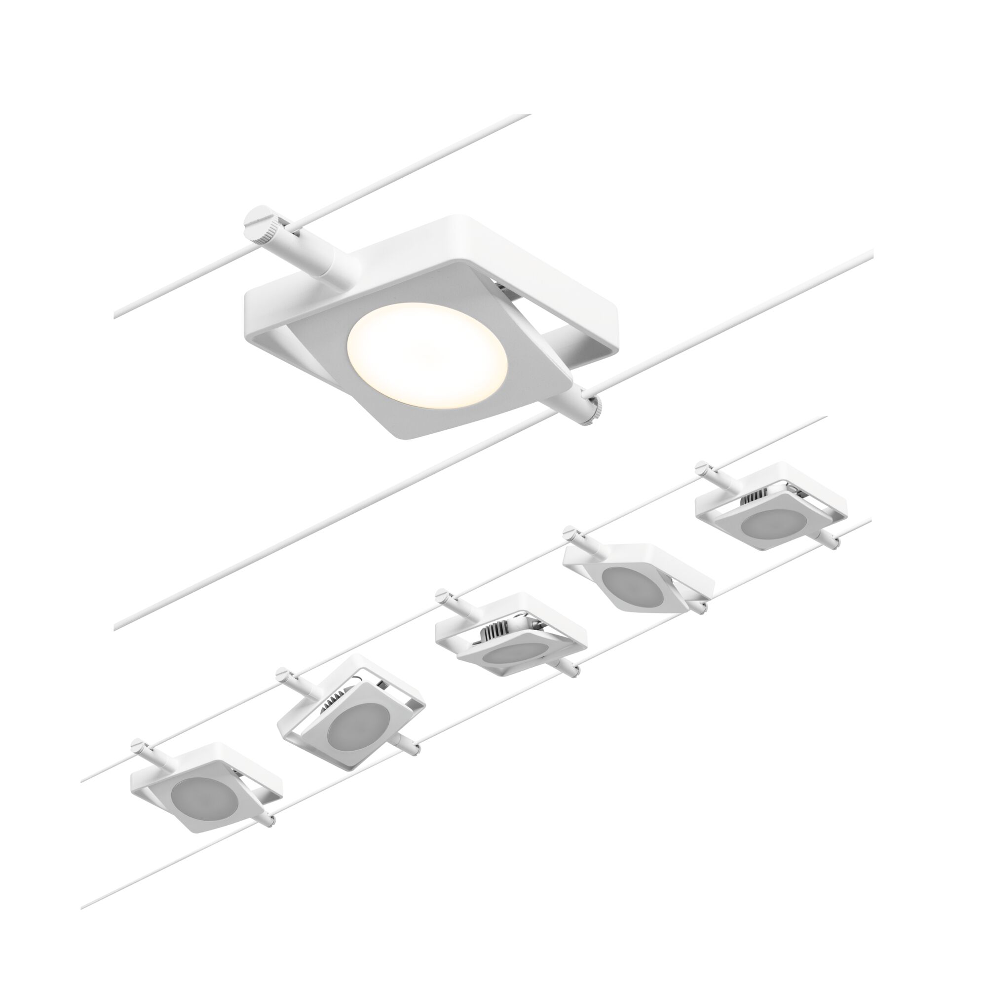 Weißer quadratischer LED-Seilstrahler aus Metall mit warmweißem Licht für moderne Beleuchtung