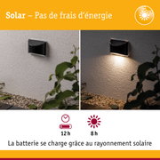 Applique murale solaire noire en métal sur mur clair, allumée et éteinte avec lumière LED blanc chaud