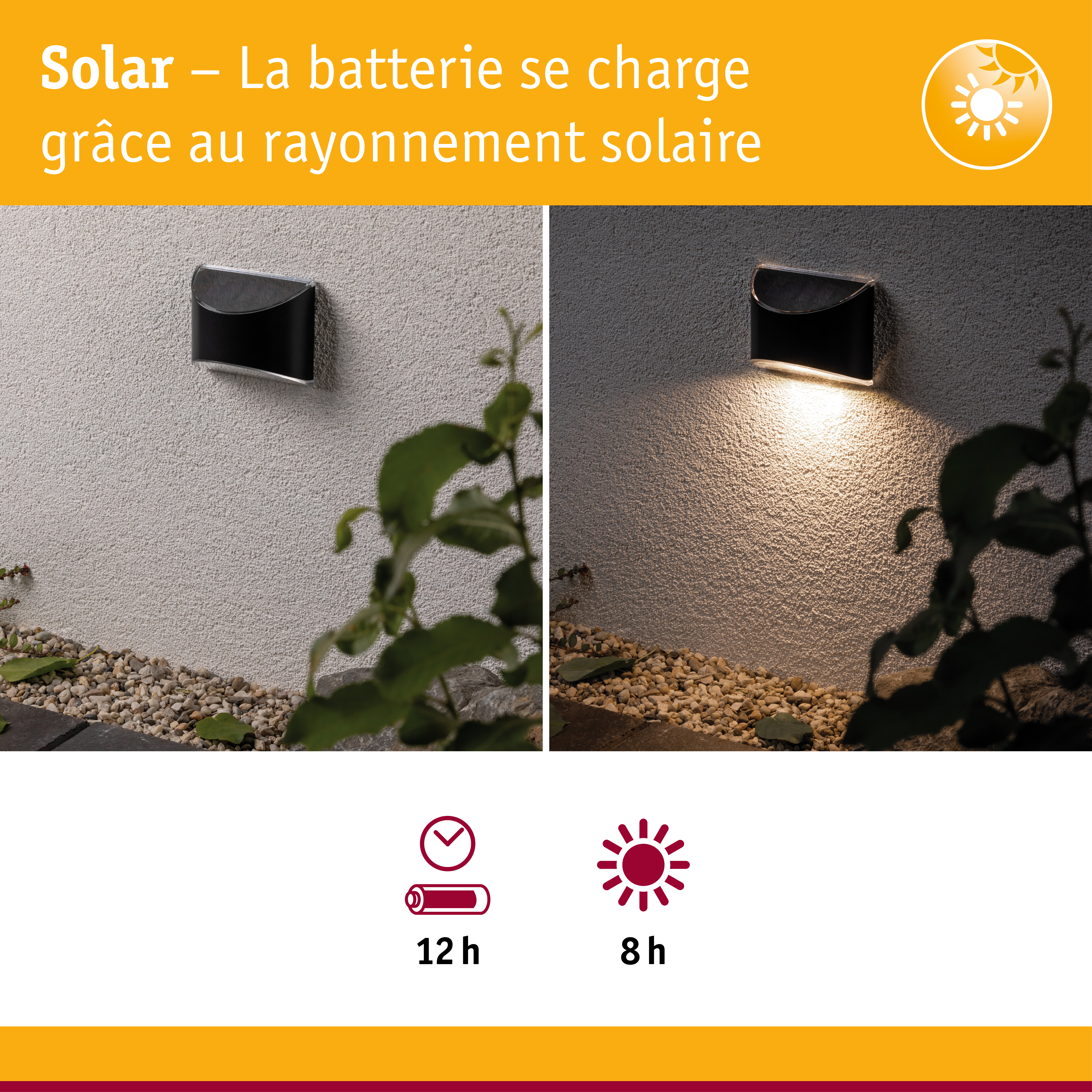 Applique murale solaire noire en métal sur mur clair, allumée et éteinte avec lumière LED blanc chaud
